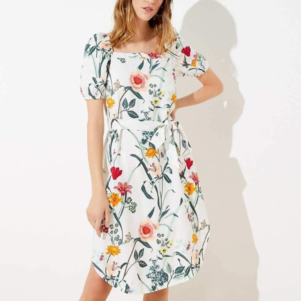 LOFT White Floral Puff Sleeve Dress